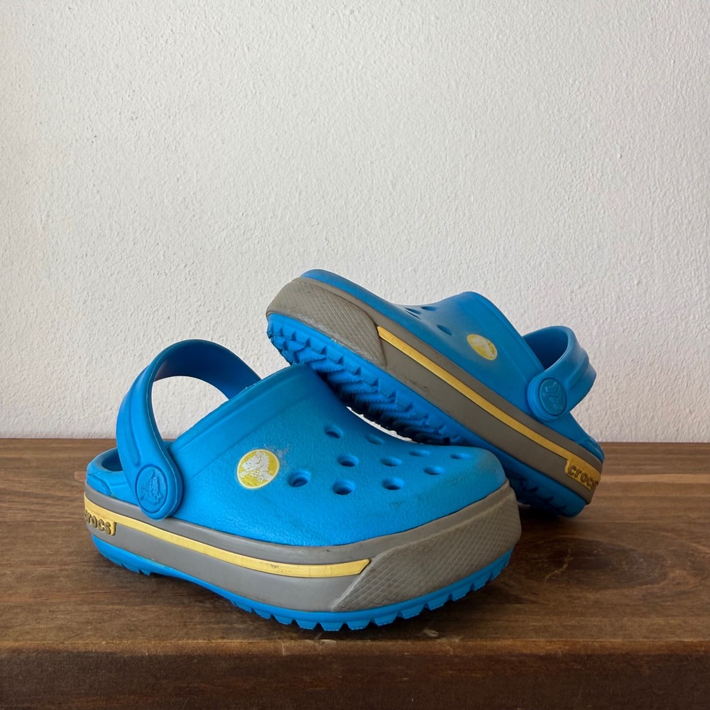 Crocs Crocband Clogs Kids Size 4 Blue Gray Yellow Stripe